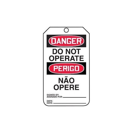 Accuform Safety Tags, DANGER DO NOT OPERATE BILINGUAL PORTUGUESE, 5.75in x 3.25in, RP-Plastic, 25PK TMP185PTP